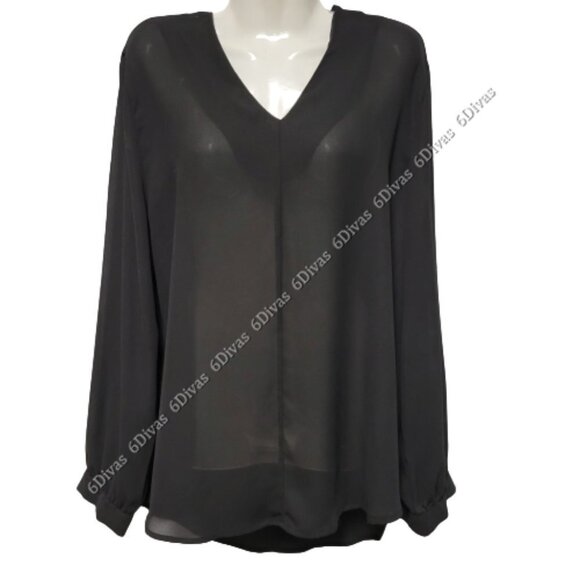 Black Long Sleeve V NeckLight Thin Blouse Top Size L - Picture 2 of 8